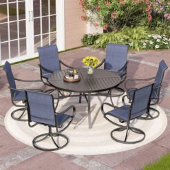 7-Pcs Outdoor Dining Set With Round Table And Textilene Swivel Chairs-Phi Villa -Phi Villa 6 seat padded sling swivel chair blue dining set for backyard