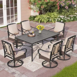 PHI VILLA 7-Piece Patio Dining Set With 6 Cushioned Steel & Rattan Chairs And Rectangle Table -Phi Villa 6 seat patterned table dining set with 6 cushioned steel rattan chairs for deck
