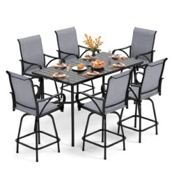 7-Piece Patio Bar Set With 6 Bar Stools For Poolside, Graden PH VILLA -Phi Villa 6 seat sling bar stool set grey