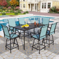 7-Piece Patio Bar Set With 6 Bar Stools For Poolside, Graden PH VILLA -Phi Villa 6 seat sling bar stools tiffiny blue