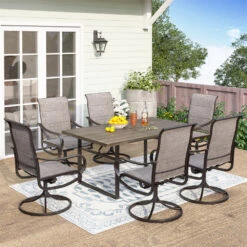 7-Piece Patio Dining Set WithTextilene Chairs And U-Shape Leg Wood-grain Table-Phi Villa
