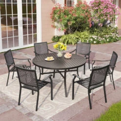 7-Piece Patio Dining Set For Backyard With Bullseye Pattern Chairs And Round Table-Phi Villa