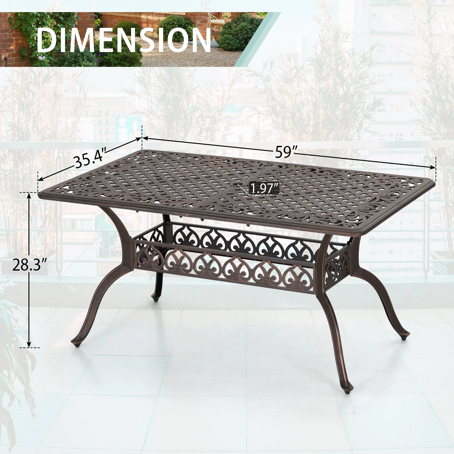PHI VILLA 59" Patio Dining Table Cast Aluminum Golden Bronze With 1.97" Umbrella Hole 9 PHI VILLA 59" Patio Dining Table Cast Aluminum Golden Bronze With 1.97" Umbrella Hole - Image 7