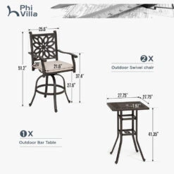 Phi Villa 3-Piece Cast Aluminum Square Table & 2 Patio High Swivel Bistro Bar Stools Chairs Set -Phi Villa 6 3c1fe4df 7764 4273 b2ca fc8de92d5e72