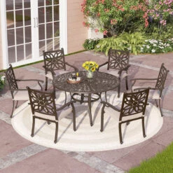 7-Pcs Patio Dining Set Of Cast Aluminum Chairs And Round Table-Phi Villa -Phi Villa 7 Pcs Cast Aluminum Round Table Patio Dining Set with Fixed Chair