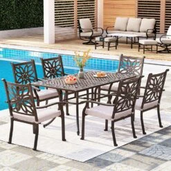 7-Pcs Patio Dining Set Of Cast Aluminum Chairs And Rectangle Table-Phi Villa -Phi Villa 7 Piece Cast Aluminum Patio Dining Set with Fixed Chair