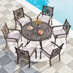 7-Pcs Patio Dining Set Of Cast Aluminum Chairs And Round Table-Phi Villa -Phi Villa 7 Piece Cast Aluminum Round Table Patio Dining Set with Fixed Chair