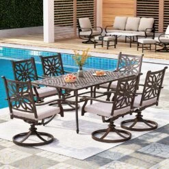 7-Pcs Patio Dining Set Of Cast Aluminum Chairs And Rectangle Table-Phi Villa -Phi Villa 7 Piece Cast Aluminum patio Dining Set with Swivel Chair