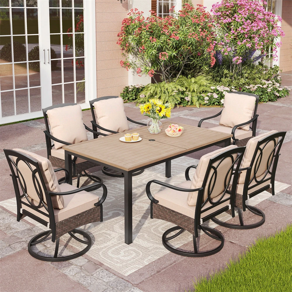 Phi Villa 7-Pcs Patio Dining Set With Cushioned Steel-rattan Chairs And Farmhouse Wood-grain Table 4 Phi Villa 7-Pcs Patio Dining Set With Cushioned Steel-rattan Chairs And Farmhouse Wood-grain Table - Image 2