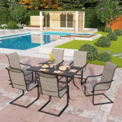 PHI VILLA 7-Piece Outdoor Dining Set 6 C-Spring Textilene Chairs & Steel Panel Table -Phi Villa 7 Piece Outdoor Dining Set 6 C Spring Textilene Chairs and Steel Panel Table 2