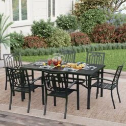 PHI VILLA 7-Piece Outdoor Patio Dining Set 6 Stackable Chairs And Rectangle Table -Phi Villa 7 Piece Outdoor Patio Dining Set 6 Stackable Chairs and Rectangle Table 3