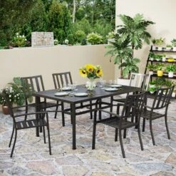 PHI VILLA 7-Piece Outdoor Patio Dining Set 6 Stackable Chairs And Rectangle Table