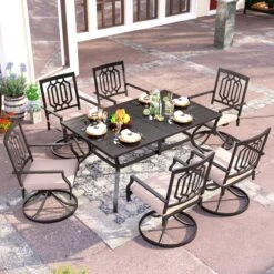 7-Piece Outdoor Patio Dining Set 6 Swivel Chairs And Rectangle Steel Table PHI VILLA