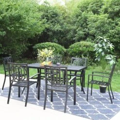7-Piece Patio Dining Set With Stackable Chairs For Garden, Backyard PHI VILLA -Phi Villa 7 Piece Outdoor Patio Dining Set With Steel Panel Table and 6 Stackable Chairs 4