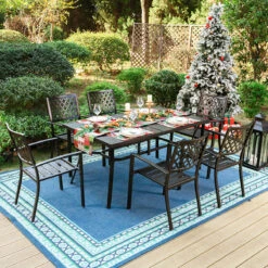 7-Piece Patio Dining Set With Stackable Chairs For Garden, Backyard PHI VILLA -Phi Villa 7 Piece Outdoor Patio Dining Set With Steel Panel Table and 6 Stackable Chairs e3f5d69b 7547 4b39 a4a7 428ef44c43b3