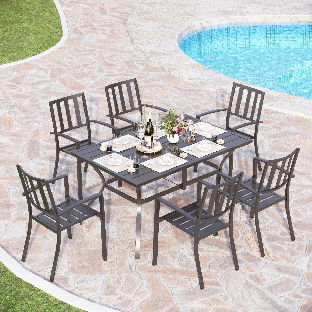 7-Piece Patio Dining Set With Stackable Chairs For Balcony, Porch PHI VILLA 3 7-Piece Patio Dining Set With Stackable Chairs For Balcony, Porch PHI VILLA