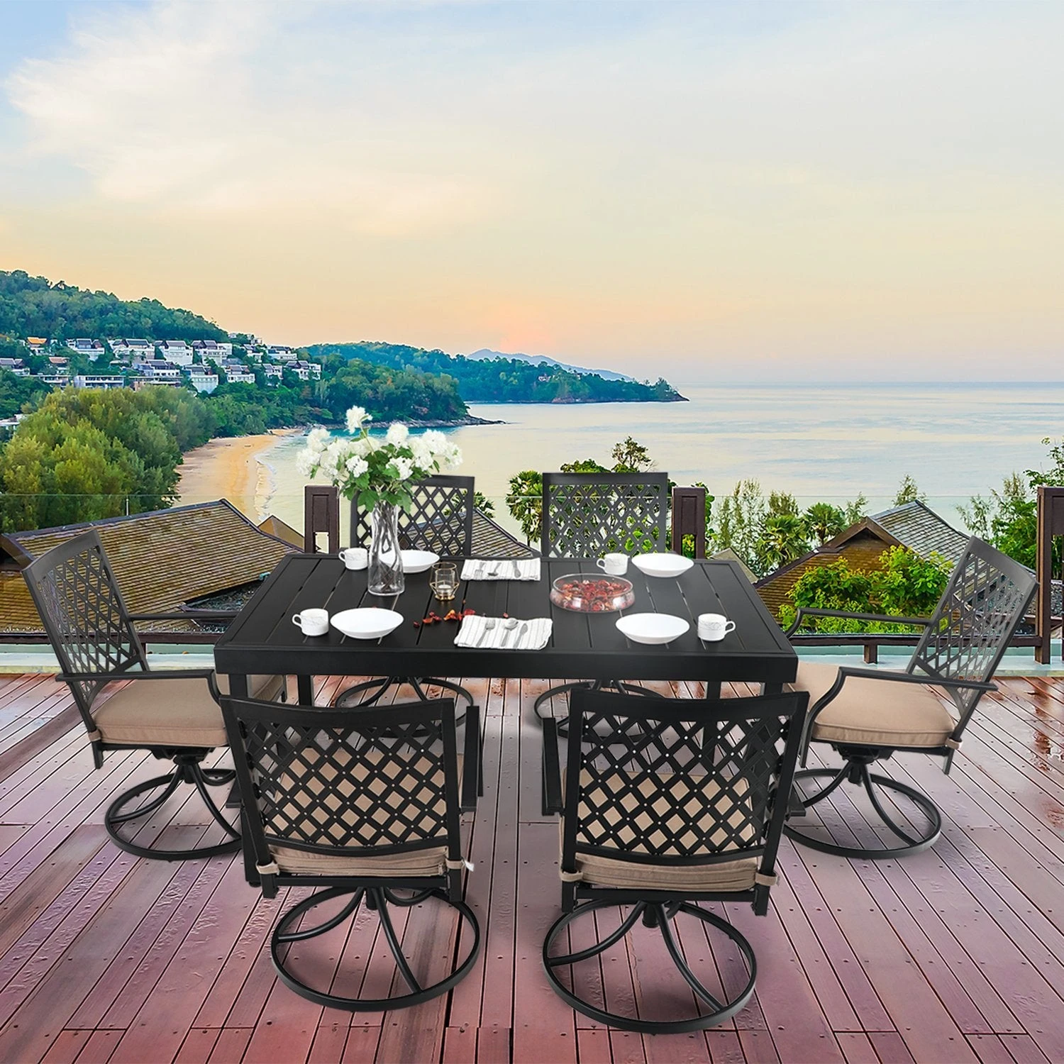 PHI VILLA 7-piece/ 9-piece Outdoor Patio Dining Sets Adjustable Patio Table And Cushioned Swivel Chairs 20 PHI VILLA 7-piece/ 9-piece Outdoor Patio Dining Sets Adjustable Patio Table And Cushioned Swivel Chairs - Image 18