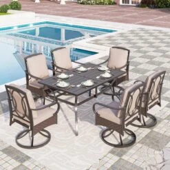 7-Piece Outdoor Dining Set With Rattan Swivel Chairs For Backyard PHI VILLA -Phi Villa 7 Piece Patio Dining Set With 6 Cushioned Chairs for Backyard PHI VILLA 0604