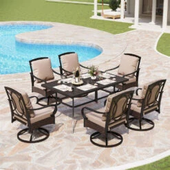 7-Piece Outdoor Dining Set With Rattan Swivel Chairs For Backyard PHI VILLA