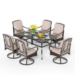 7-Piece Outdoor Dining Set With Rattan Swivel Chairs For Backyard PHI VILLA -Phi Villa 7 Piece Patio Dining Set With 6 Cushioned Chairs for Backyard PHI VILLA S7 458