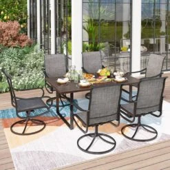 7-Piece Patio Dining Set WithTextilene Chairs And U-Shape Leg Wood-grain Table-Phi Villa -Phi Villa 7 Piece Patio Dining Set With Rectangle Table and 6 Textilene Swivel Chairs 9ecb4d31 2dff 4532 a56b bce07bd001ed