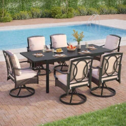 7/9-Piece Outdoor Dining Set With Extendable Table & Rattan Swivel Chairs PHI VILLA -Phi Villa 7 Piece Patio Dining Set with Extendable Table Steel Swivel Chairs