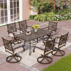 7-Pcs Patio Dining Set Of Cast Aluminum Chairs And Rectangle Table-Phi Villa -Phi Villa 7 pcs Cast Aluminum Outdoor Dining Set with Swivel Chair