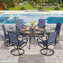 7-Pcs Outdoor Dining Set With Round Table And Textilene Swivel Chairs-Phi Villa -Phi Villa 7 pcs padded sling swivel chair blue dining set for backyard