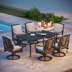 PHI VILLA 7-Piece Patio Dining Set With 6 Cushioned Steel & Rattan Chairs And Rectangle Table