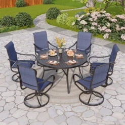 7-Pcs Outdoor Dining Set With Round Table And Textilene Swivel Chairs-Phi Villa -Phi Villa 7 pcs sling swivel chair blue dining set for backyard