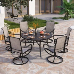 7-Pcs Outdoor Dining Set With Round Table And Textilene Swivel Chairs-Phi Villa