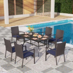 PHI VILLA 7-Piece Outdoor Dining Set With Rattan Cushioned Chairs & Steel Panel Table -Phi Villa 7 piece Patio Dining Set with Steel Rectangle Table and 6 Rattan Swivel Chairs 1