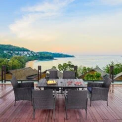 PHI VILLA 7-Piece Outdoor Dining Set With Rattan Cushioned Chairs & Steel Panel Table -Phi Villa 7 piece Patio Dining Set with Steel Rectangle Table and 6 Rattan Swivel Chairs 3