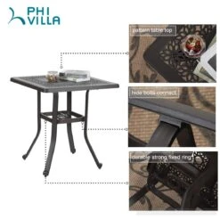 PHI VILLA Cast Aluminum Patio Square Dining Table With Umbrella Hole -Phi Villa 71Dsl661N0L
