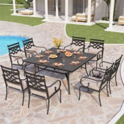 9-Pcs Patio Dining Set With 60" Large Square Table And For Yard PHI VILLA