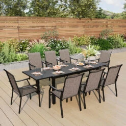 9-Piece Patio Dining Set Flat Expandable Table And Textilene Chairs For Deck Phi Villa 29 9-Piece Patio Dining Set Flat Expandable Table And Textilene Chairs For Deck Phi Villa -Phi Villa 8 seat finest expandable table dining set for deck with sling fabric chair