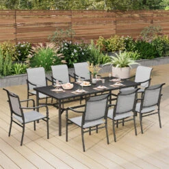 9-Piece Gray Textilene Fixed Chair Dining Set For Deck-Phi Villa