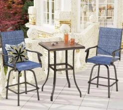3-Piece Patio Bistro Set Of Blue Textilene Swivel Bar Stools PHI VILLA