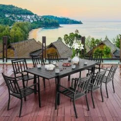7/ 9-Piece Patio Dining Sets With Extendable Table And Stackable Chairs PHI VILLA -Phi Villa 9 piece Outdoor Dining Sets Adjustable Steel Table and Stackable Chairs 5