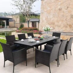PHI VILLA 7 Piece/ 9 Piece Patio Dining Set With Rattan Cushioned Chairs & Extendable Steel Table -Phi Villa 9 piece Patio Dining Set With Rattan Cushioned Chairs and Extendable Steel Table 1