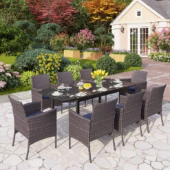 PHI VILLA 7 Piece/ 9 Piece Patio Dining Set With Rattan Cushioned Chairs & Extendable Steel Table -Phi Villa 9 piece Patio Dining Set With Rattan Cushioned Chairs and Extendable Steel Table