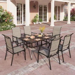 PHI VILLA 7-Piece Outdoor Dining Set With Rectangle Steel Table & 6 Textilene Dining Chairs