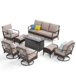 Phi Villa 9-Seat Outdoor Steel & Rattan Conversation Sofa Set With Leather Grain Fire Pit Table -Phi Villa COM 08 0000
