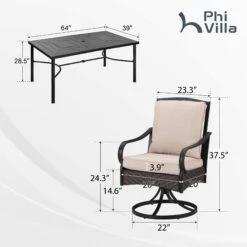 PHI VILLA 7-Piece Patio Dining Set With 6 Cushioned Steel & Rattan Chairs And Rectangle Table -Phi Villa CR001 2024.2.26 410