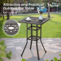 Phi Villa 3-Piece Cast Aluminum Square Table & 2 Patio High Swivel Bistro Bar Stools Chairs Set -Phi Villa E02GF0503 074 01 2