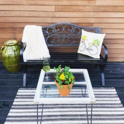 PHI VILLA 50 Inch Garden Patio Bench Cast Iron Steel Frame With Phalaenopsis Pattern -Phi Villa Garden Patio Bench Cast Iron Steel Frame with Phalaenopsis Pattern 1