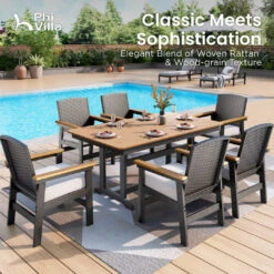 7-Pcs Outdoor Dining Set With HPDE Rattan Chair And Wood-like Table -Phi Villa HDPE PV 491 PV 25.4.9 7