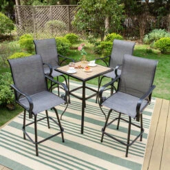 PHI VILLA 3/5 Piece Patio Bar Set Of 1 Wood-look Coffee Table & Swivel Textilene Bar Stools -Phi Villa IMG 6432