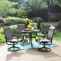 Phi Villa 5-Piece Outdoor Dining Set With Round Table & Textilene Swivel Chairs