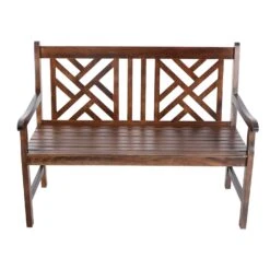 PHI VILLA 2 Seat Outdoor Wooden Brown Bench With Curved Wide Armrest Porch Chair -Phi Villa LB 15133